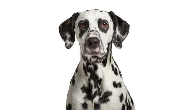 Close-up portrait of a Dalmatian dog with black spots, isolated on transparent background