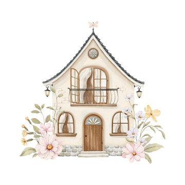 Cute watercolor house with porch, balcony, windows, beautiful roof, flashlights and decoration of flowers. Isolated print for your cartoon design with fairy, princess or cute animals, fairytale house
