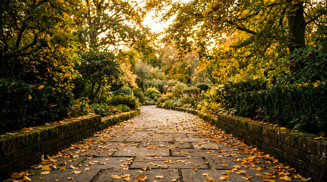 Stone path in a park with golden autumn leaves and sunlight