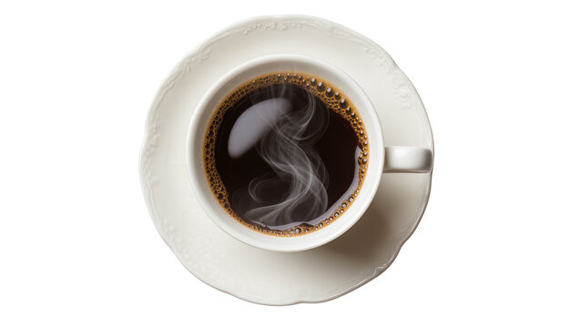 Steaming hot black coffee in a white ceramic cup and saucer, isolated on transparent background