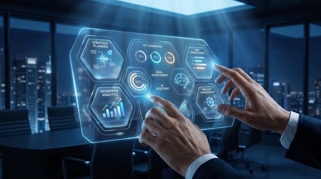 Business technology scene featuring a professional analyzing data through an advanced digital interface in a contemporary office at night to support informed decisions and innovation.