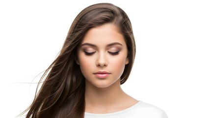 Obraz premium Portrait of a young brunette woman with closed eyes and blowing long hair, with copy space. This clean beauty shot is ideal for wellness blogs, cosmetics websites, and advertising.