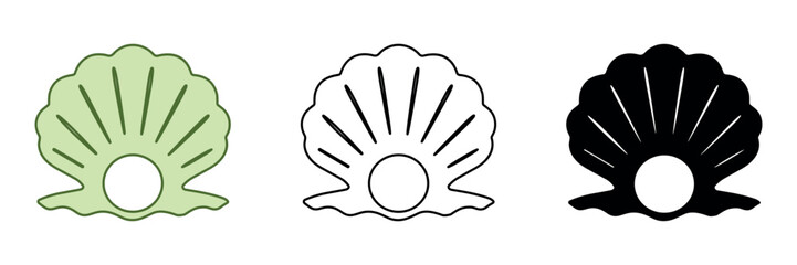 Three stylized representations of a pearl oyster shell with a pearl inside © Ophelia