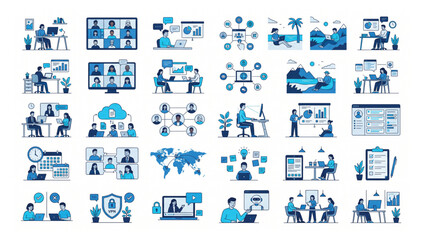 Fototapeta premium Set of flat vector illustrations showing business people in remote meetings digital coworking and collaboration environments collaboration conference business teamwork communication