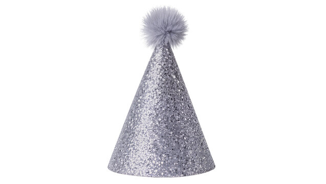 Sparkling silver party hat with fluffy pom-pom, isolated on transparent background