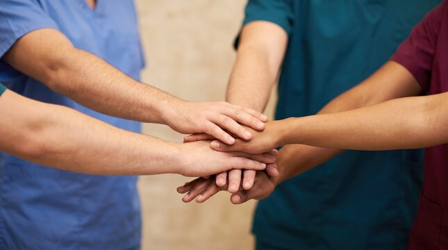 Close-Up of Multiethnic Medical Team Stacking Bare Hands in Center, Teamwork and Collaboration Concept, Diversity in Healthcare, Unity and Solidarity in Clinical Medicine with Colorful Scrubs