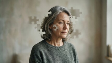 Fototapeta premium Mature woman with puzzle pieces floating around head. Mental health concept depicting cognitive decline, confusion, stress and brain health. Memory loss and alzheimer disease visual.