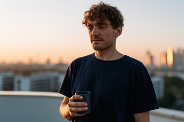 Naklejka premium Young man holding mug on balcony at sunset with city skyline for morning coffee lifestyle background and social media banner