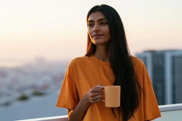 Naklejka premium Young woman on rooftop balcony holding coffee mug at sunrise with soft city view for lifestyle background and wellness morning routine design