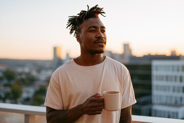 Naklejka premium Young man holding a mug on rooftop at sunrise with urban skyline for lifestyle banner and peaceful morning background