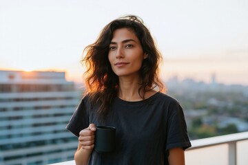 Naklejka premium Young woman holding a coffee mug on a balcony at sunrise portrait for lifestyle background and morning routine banner design