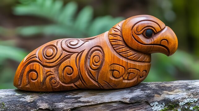 Carved Wooden Eagle Totem on Forest Log.