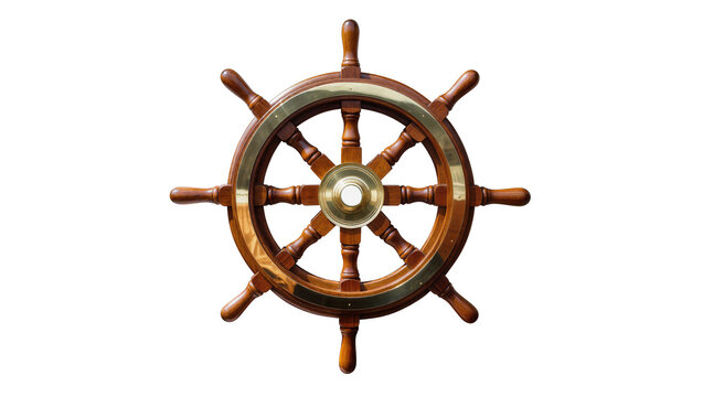Polished wooden ship s wheel with brass accents, isolated on transparent background