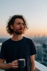 Naklejka premium Young man with curly hair holding a dark mug on a rooftop balcony at sunset for lifestyle portrait and morning routine background for wellness and relaxation banner