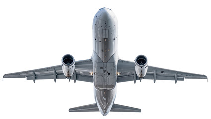Commercial airplane underside with dual engines, isolated on transparent background © Maria