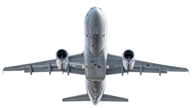 Commercial airplane underside with dual engines, isolated on transparent background
