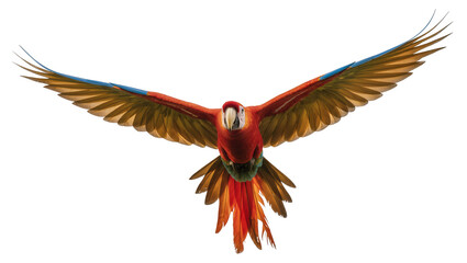 Red and green macaw parrot with wings spread wide, isolated on transparent background © Maria