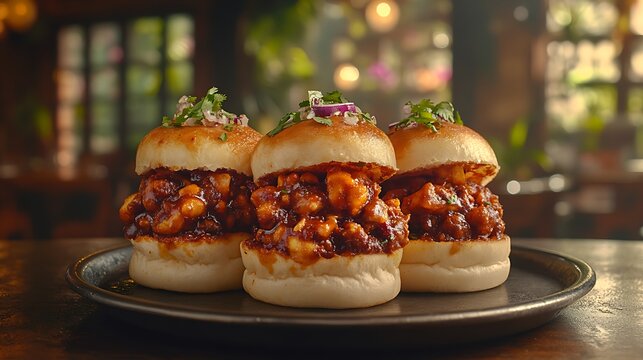Delicious Sloppy Joe Sliders on Restaurant Table.
