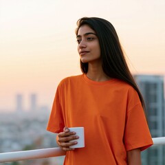 Naklejka premium Young woman in orange shirt holding coffee mug on rooftop balcony at sunset city skyline background for lifestyle banner and morning routine design