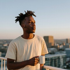 Naklejka premium Young man with coffee mug on rooftop balcony overlooking city skyline at sunrise background for lifestyle banner and calm morning design