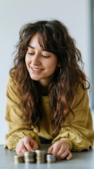 Fototapeta premium Young woman counting coins and stacking savings at a table for personal finance background and budgeting concept for website banner