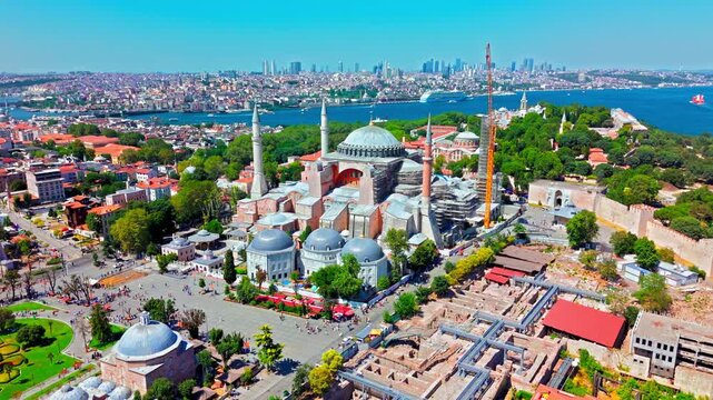 Drone view of Hagia Sophia Grand Mosque in Istanbul, Turkey. The famous landmark rises with domes and minarets in the heart of the Sultanahmet district.