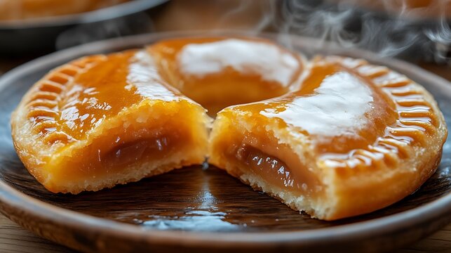 Fresh Hot Baked Apple Pie on Rustic Wood Plate.