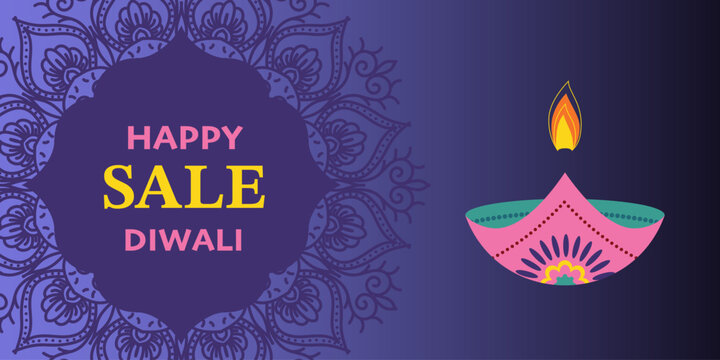 Diwali sale banner template with lights, lanterns, candles, flowers, Rangoli, Diya