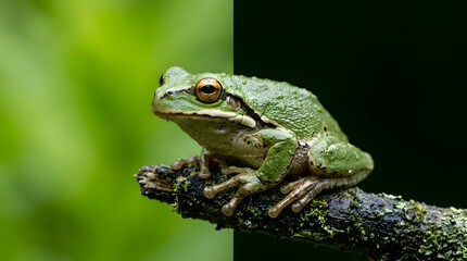 Naklejka premium Macro Portrait of a Small Green Tree Frog Perched on a Mossy Branch against a Split Blurred Natural Green Background