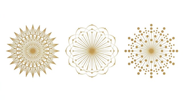 Set of three abstract circular geometric mandala designs in yellow and grey