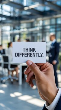 Professional hand displaying an inspirational Think Differently message card in a busy corporate office setting