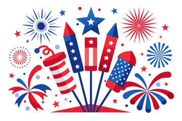 Obraz premium Vibrant patriotic firework rockets and festive explosions in red, white, and blue hues, celebrating independence with a dynamic vector graphic illustration design