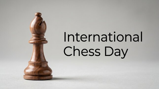 Wooden chess knight on a gray background with text reading international chess day