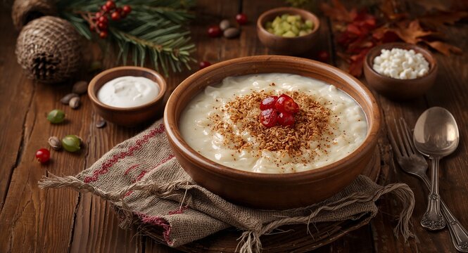 A comforting bowl of nochebuena arroz con leche presented on a rustic � Digital Marketing and Brand Strategy Concept for Social Media