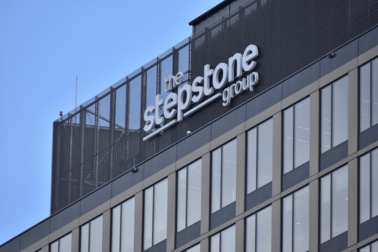 Stepstone Group signage, logo on the facade, IT recruitment company. WARSAW, POLAND - JUNE 18, 2026