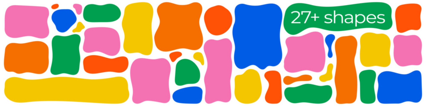 Wavy color blot amoeba shapes set. Organic fluid doodle text boxes, bright labels, hand drawn tags, vibrant multicolored stickers for promo and communication. Rectangular fun vector illustration 