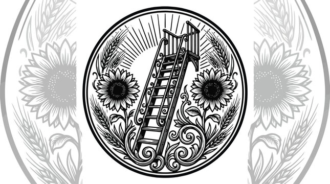 Vintage circular emblem with ornate tower and floral engraving vector badge.