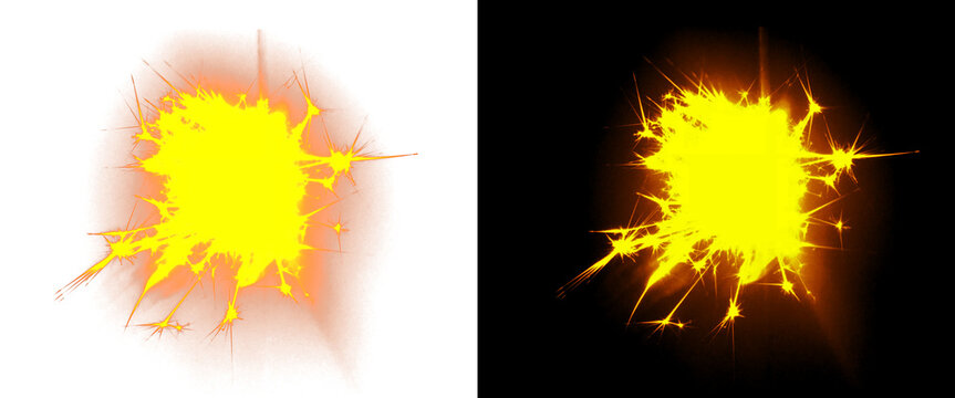 Explosive muzzle flash effect on black and white backgrounds, bright yellow fire spark burst, cinematic gun shot flare for visual effects