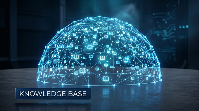 Glowing blue digital network dome with book icons and "KNOWLEDGE BASE" text in high tech environment
