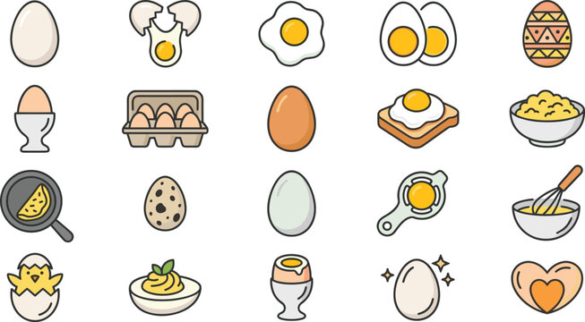Breakfast Cooking and Egg Icon Set Featuring Fried Omelet Boiled Carton Deviled and Quail Eggs for Restaurant Menu Graphic Designs