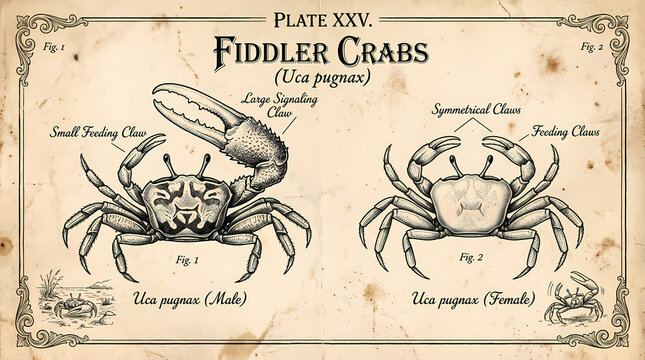 Detailed illustrations of male and female fiddler crabs on parchment
