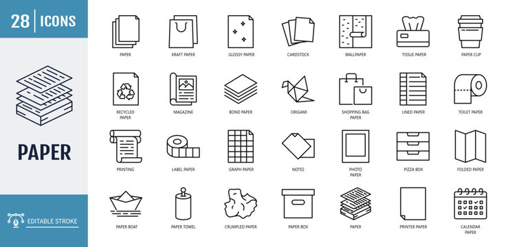 Paper icon set. including  Paper. outline icon set. Editable stroke. Vector illustration