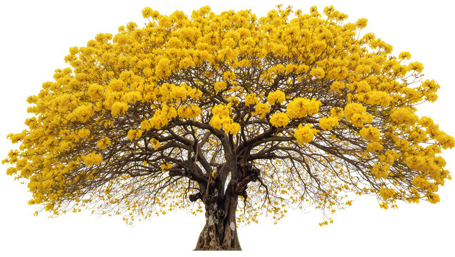 Massive blooming yellow ip&eacute; tree with dense branches, isolated on transparent background