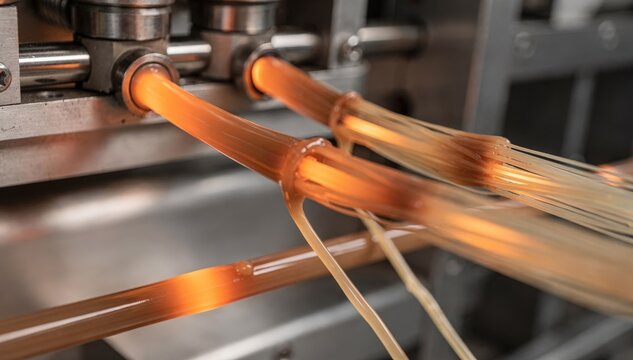 Medium shot of twin polymer streams extruding simultaneously to create sheathcore bicomponent fibers showcasing the layered structure for enhanced strength and texture effects.