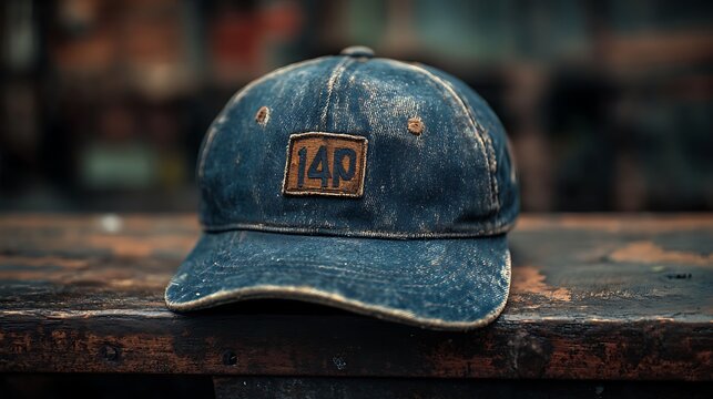 Vintage Denim Baseball Cap on Rustic Table.