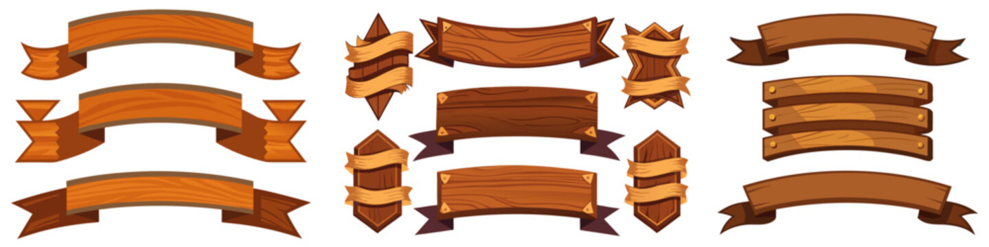 A comprehensive set of cartoon-style wooden banner vectors and shield icons featuring rustic textures and gold accents.