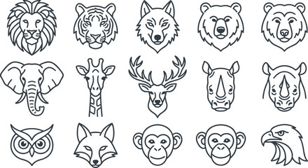 Minimalist Wild Animal Head Line Icon Set Featuring Lion Tiger Wolf Bear and Elephant Outlines for Corporate Logo Badges and Branding Graphic Designs © Shahanaj