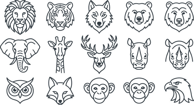 Minimalist Wild Animal Head Line Icon Set Featuring Lion Tiger Wolf Bear and Elephant Outlines for Corporate Logo Badges and Branding Graphic Designs