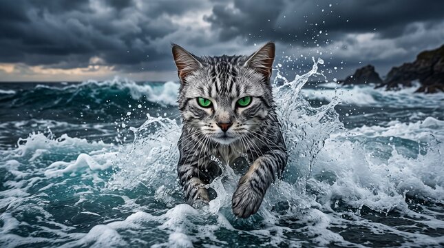 Hyperrealistic silver tabby cat with green eyes running through ocean waves with splashing water during a storm, surreal adventure and power concept