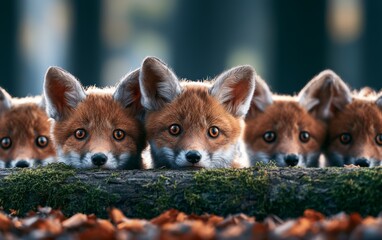 Fototapeta premium Baby Red Foxes Peeking Over Mossy Log in a Row in Forest Setting